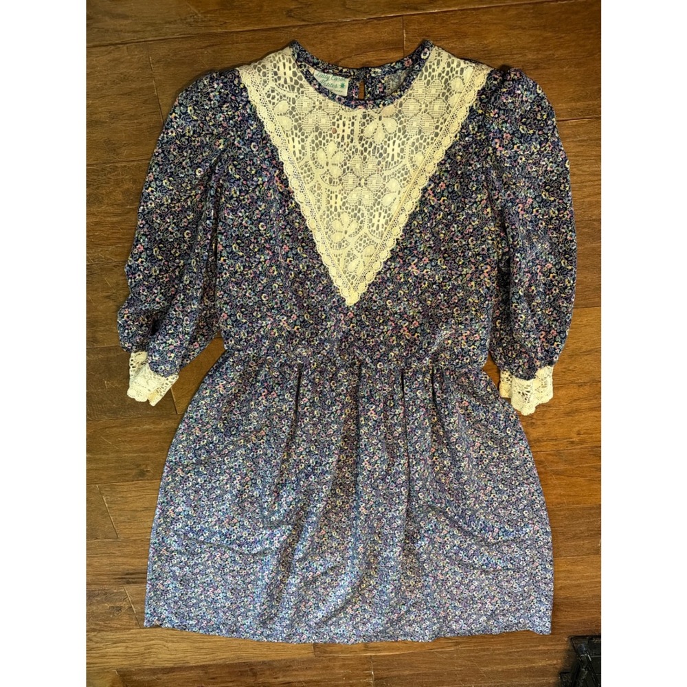 Vintage Lady of Carol Floral Lace Collar Navy Pink Ditsy Print dress 80s 90s